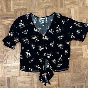 Floral Black Tie-Front Top